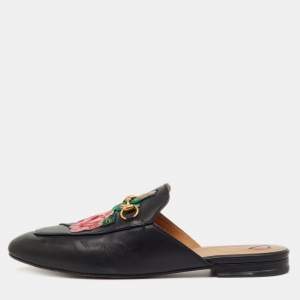Pre Owned Gucci Black Leather Rose Embroidered Princetown Flat Mules Size 41.5