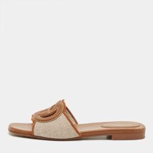 Pre Owned Gucci Brown/Beige Leather and Canvas Interlocking G Flat Slides Size 37