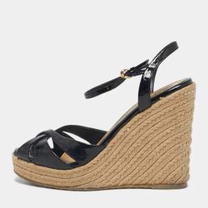 Pre Owned Gucci Black Patent Microguccissima Leather Penelope Espadrille Wedge Sandals Size 35.5