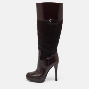 Pre Owned Gucci Dark Brown Leather and Calf Hair Knee Length Platform Boots Size 36.5