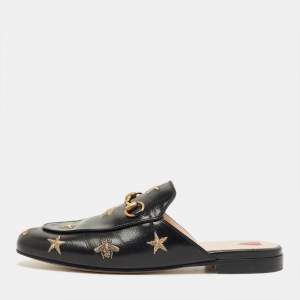 Pre Owned Gucci Black Leather Princetown Mules Size 36.5