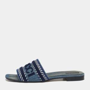 Pre Owned Gucci Blue Denim Logo Flat Slides Size 40.5