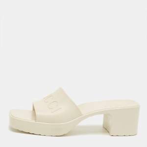Pre Owned Gucci White Rubber Logo Slide Sandals Size 38