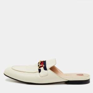 Pre Owned Gucci White Leather Web Horsebit Princetown Flat Mules Size 39