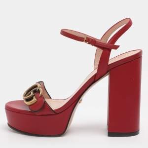 Pre Owned Gucci Red Leather GG Marmont Ankle Strap Sandals Size 38