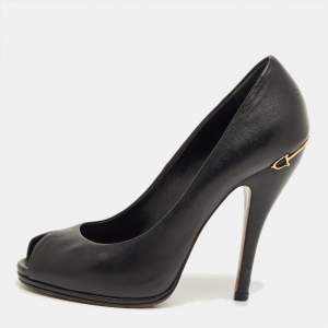 Pre Owned Gucci Black Leather Peep Toe Pumps Size 37.5