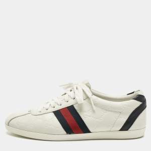 Pre Owned Gucci White Leather Guccissima Web Lace Up Sneakers Size 37.5