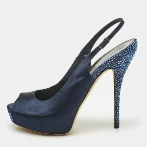 Pre Owned Gucci Navy Blue Satin Peep Toe Slingback Pumps Size 40