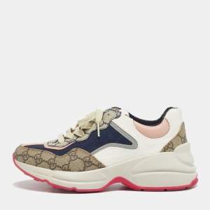 Pre Owned Gucci Multicolor GG Supreme Canvas and Leather Rhyton Sneakers Size 37.5