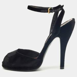 Pre Owned Gucci Black Velvet Peep Toe Ankle Strap Sandals Size 36.5