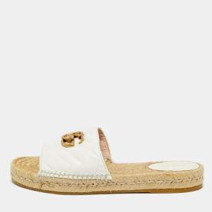 Pre Owned Gucci White Leather GG Marmont Espadrille Slide Sandals Size 39.5