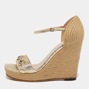 Pre Owned Gucci Gold Foil Leather and Raffia Carolina Horsebit Espadrille Wedge Sandals Size 38.5