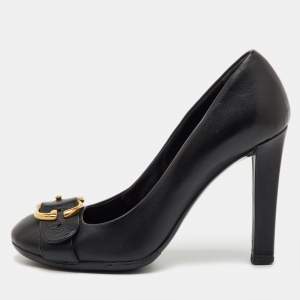 Pre Owned Gucci Black Leather GG Buckle Detail Round Toe Pumps Size 36.5
