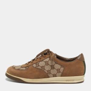 Pre Owned Gucci Brown/Beige GG Canvas and Suede Web Lace Up Sneakers Size 39