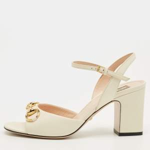 Pre Owned Gucci Off White Leather Horsebit Ankle Strap Sandals Size 36