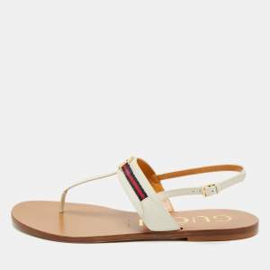 Pre Owned Gucci Interlocking G Size 40.5 Cream Leather Slingback Sandals