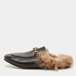 مملوكة مسبقًا Gucci Princetown Size 36.5 Black Leather and Fur Lined Flat Mules