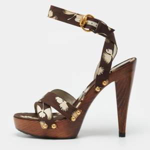 مملوكة مسبقًا Gucci Size 37 Brown Floral Print Canvas Wooden Platform Ankle Strap Sandals