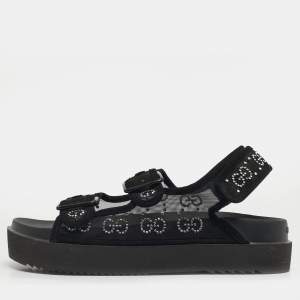 مملوكة مسبقًا صندل �غوتشي نسيج شبكي وزخرفة كريستال جي جي أسود مع جلد سويدي نعل سميك مقاس 39