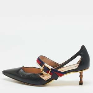 مملوكة مسبقًا Gucci Sylvie Size 38 Black Leather Pointed Toe Web Unia Mary Jane Pumps