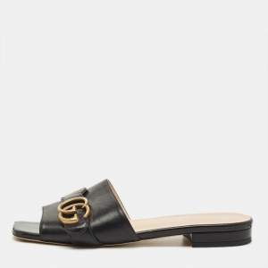 مملوكة مسبقًا Gucci Interlocking G Size 37 Black Leather Buckle Flat Slide
