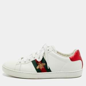 Pre Owned Gucci Ace Size 38 White Leather and Python Embossed Leather Low Top Sneakers