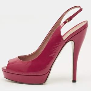 مملوكة مسبقًا Gucci Size 39.5 Red Patent Leather Peep Toe Slingback Pumps