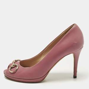 Pre Owned Gucci Horsebit Size 38 Pink Leather Peep Toe Pumps