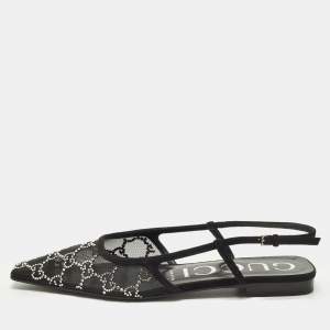 Pre Owned حذاء كعب عالي غوتشي سويد وأسود وشبك مزين بالكريستال بكعب مفتوح من الخلف مقاس 37