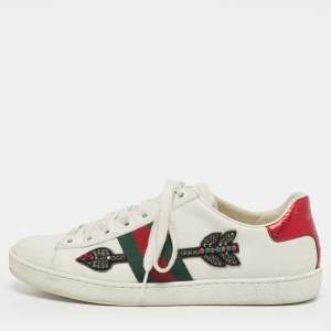 مملوكة مسبقًا Gucci Ace Web Size 38 White Snakeskin Embossed and Leather Lace Up Sneakers