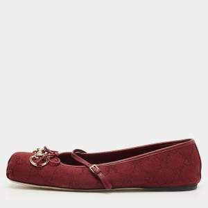 Pre Owned Gucci Horsebit Size 38 Burgundy Canvas and Leather Mary-Jane Ballet Flats