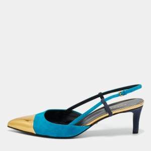 Pre Owned Gucci Size 40 Tricolor Leather and Suede Cap Toe Slingback Pumps