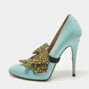 Pre Owned Gucci Elaisa Size 39 Blue Leather Crystal Embellished Pumps
