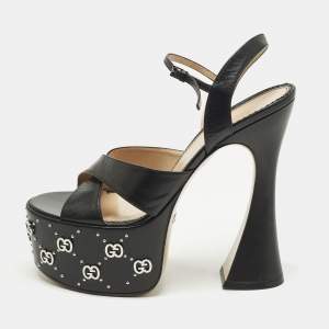 مملوكة مسبقًا Gucci Size 39 Black Leather GG Embellished Platform  Ankle Strap Sandals