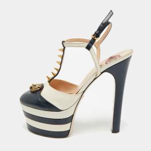Pre Owned Gucci Angel Size 39 Navy Blue/Cream  Leather Spikes Embellished Platform Pumps