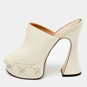 مملوكة مسبقًا Gucci Size 38 Cream Leather GG Platform Slide Sandals