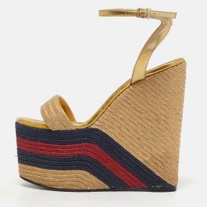 مملوكة مسبقًا Gucci Size 39 Multicolor Leather and Raffia Espadrille Wedge Ankle Strap Sandals