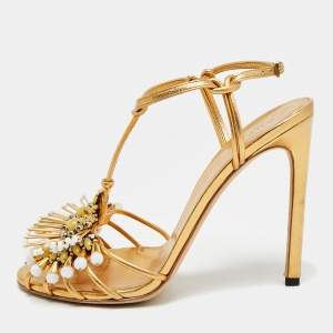 مملوكة مسبقًا Gucci Phoebe Size 38 Gold Leather Ankle Strap Sandals