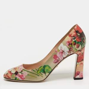 Pre Owned Gucci Blooms Size 39.5 Multicolor Leather Block Heel Pumps