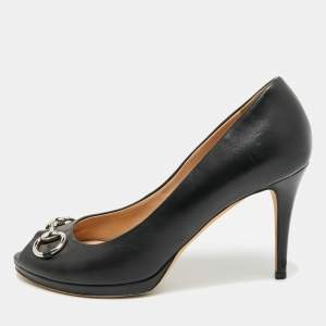Pre Owned Gucci Guccissima Size 40.5 Black Leather Horsebit Peep Toe Pumps