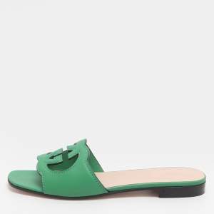 مملوكة مسبقًا Gucci Interlocking GG Cutout Size 39 Green Leather Flat Sandals