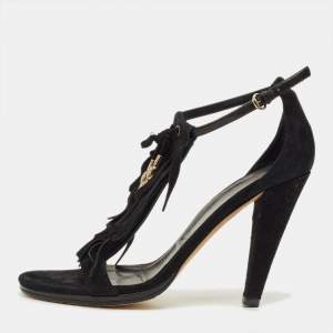 مملوكة مسبقًا Gucci Size 40.5 Black Suede Fringe Bow Sandals