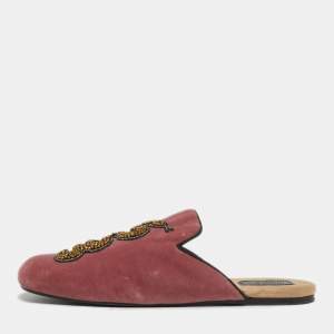 Pre Owned Gucci Lawrence Size 40.5 Pink Velvet Crystal Embellished Flat Mules
