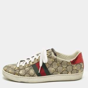 Pre Owned Gucci Ace Size 40 Beige/Brown GG Supreme Bees Canvas Low Top Sneakers