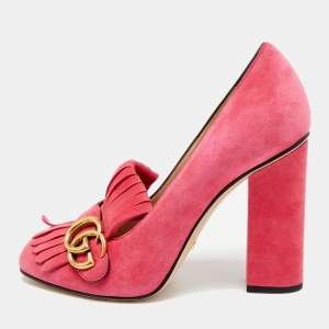 مملوكة مسبقًا Gucci GG Marmont Fringe Size 39 Pink Suede Block Heel Pumps