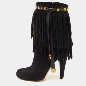 Pre Owned Gucci Size 37 Black Suede Studded Fringe Mid Calf Boots