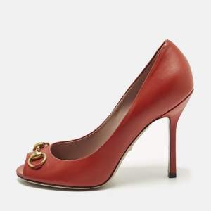 مملوكة مسبقًا Gucci Horsebit Size 39.5 Orange Leather Peep Toe Pumps