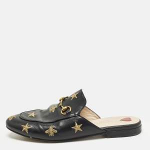 Pre Owned Gucci Princetown Size 37 Black Leather Bee Star Embroidered Flat Mules