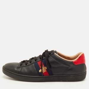 Pre Owned Gucci Ace Size 38.5 Black Leather Bee Embroidered Low Top Sneakers