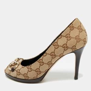 مملوكة مسبقًا Gucci New Hollywood Horsebit Size 37 Beige GG Canvas Peep Toe Pumps